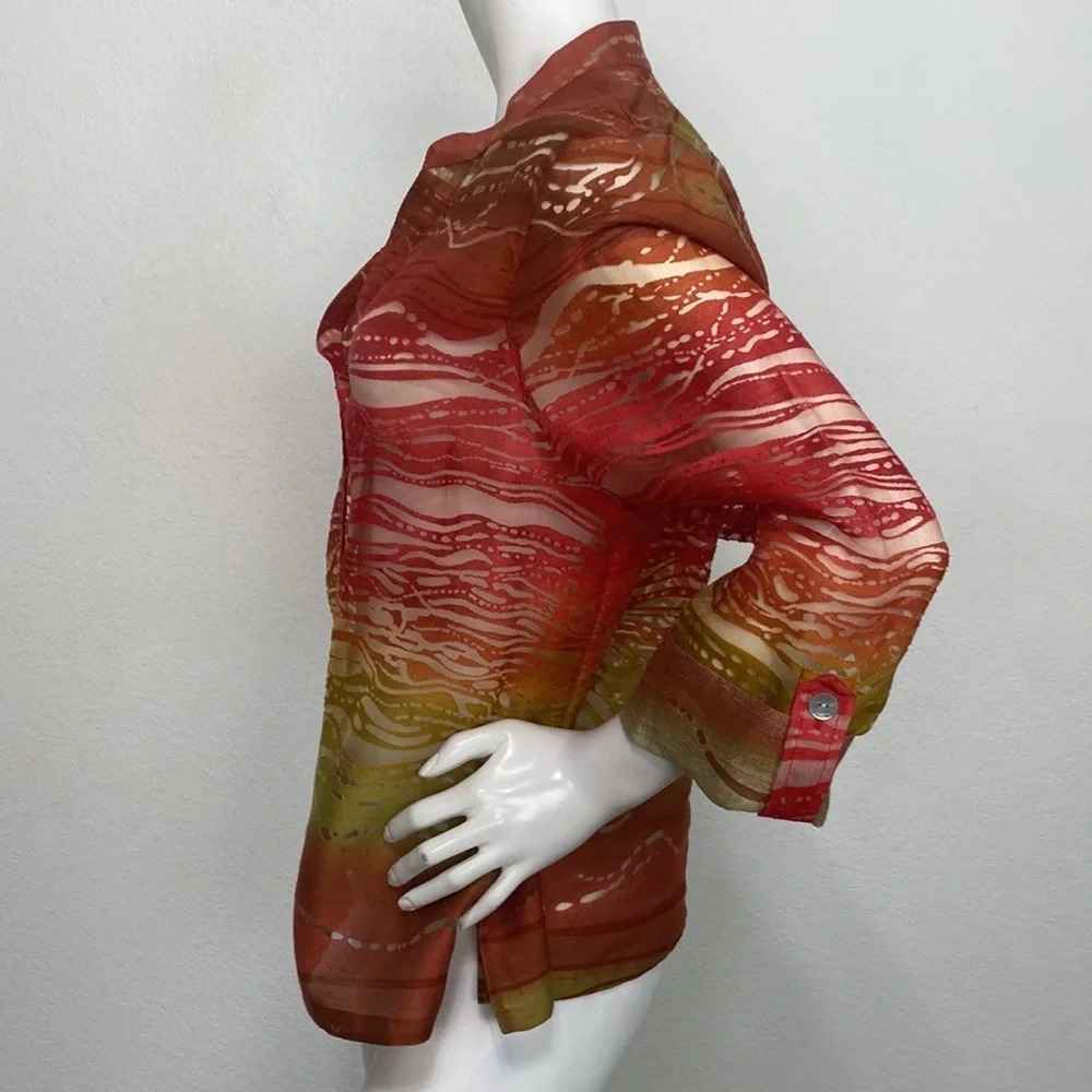 Red Green Tropical Sunset Sheer Burn Out Bohemian Collared Button Front Blouse - Picture 3 of 5